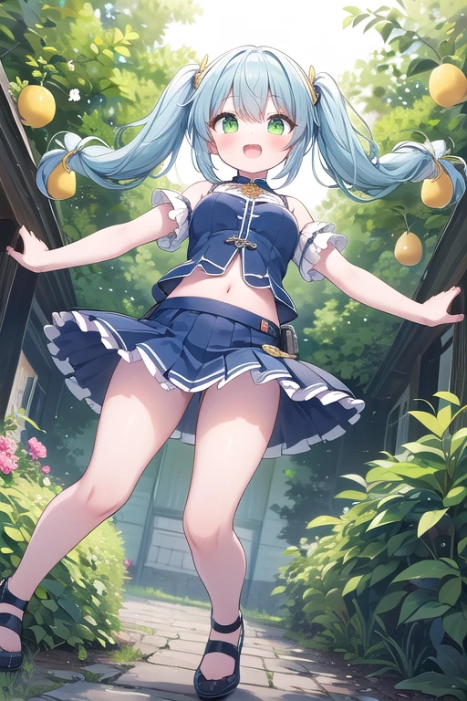 spread_arms,jumping,smile,open_mouth,((beautiful_light_blue_hair,braid_pigtails)),((beautiful_light_green_eyes)),((1_beautiful_girl,cute_face)),((beautiful,perfect_quality,perfect_anatomy,masterpiece)),short_blue skirts,orange police_costume,masterpiece,SEXY,perfect_quality,perfect_anatomy,holster,lemon trees,beautiful, view from below, full body,