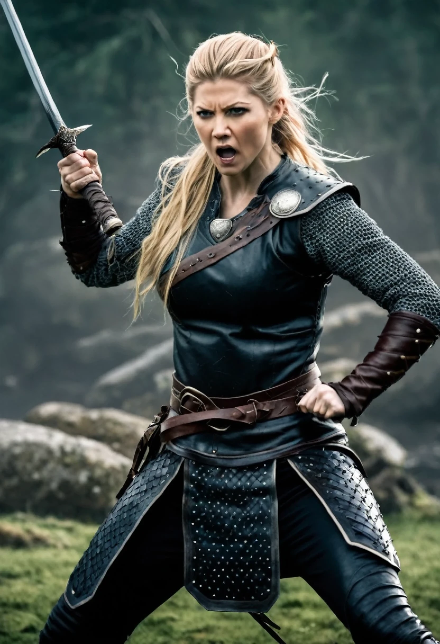 Katheryn Winnick as a Viking warrior, angry, in a combat stance, with a long sword in her hand, impress the character's expression of anger, impactful image, try to impress whoever is watching, just a sword