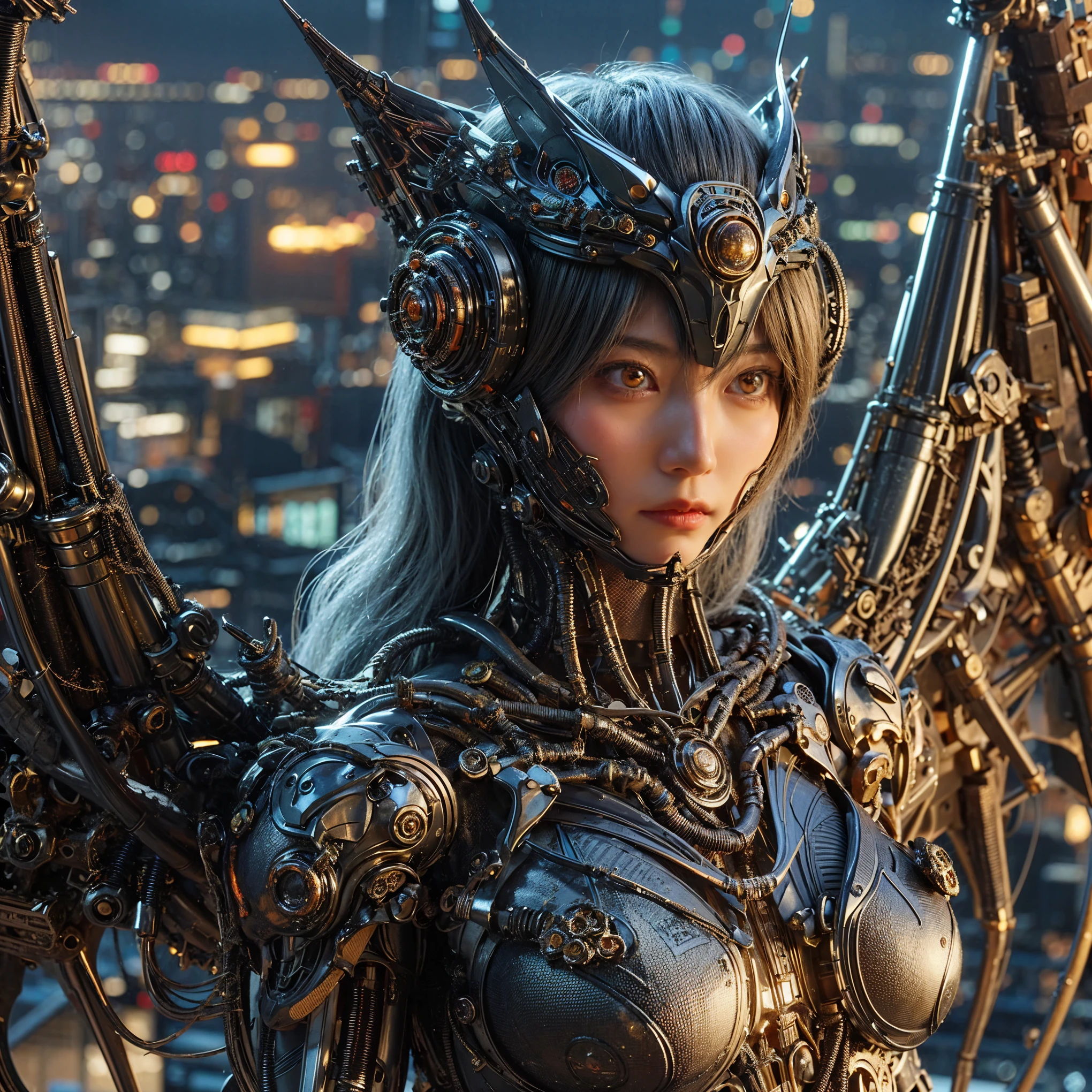 Masterpiece, (ultimate quality:1.2), 8k, Japanese woman in insect-type bio mecha armor, silver base with bronze and gold accents, very beautiful face, mechanical, (mechanical bat wings), hydraulic cylinder, power pipe, muscle fiber, ultimately intricate details, full body shot, (ultimately photo Realistic:1.37), Park with a beautiful view at night, (biological weapon), (biopunk:1.3), Full body photo, Wide-angle shot, Please generate at least 4 photos.