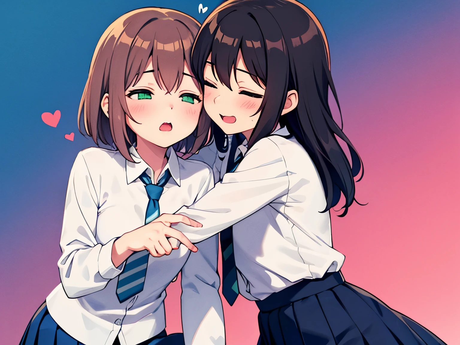kissingcheek, long hair, blush, short hair, open mouth, bangs, multiple girls, skirt, simple background, brown hair, shirt, long sleeves, 2girls, one is fubuki and other one is marin , green eyes, blue hair, closed eyes, white shirt, heart, pleated skirt, necktie, striped, collared shirt, yuri, blue skirt, gradient, gradient background, wavy hair, pink background, striped necktie, diagonal-striped necktie