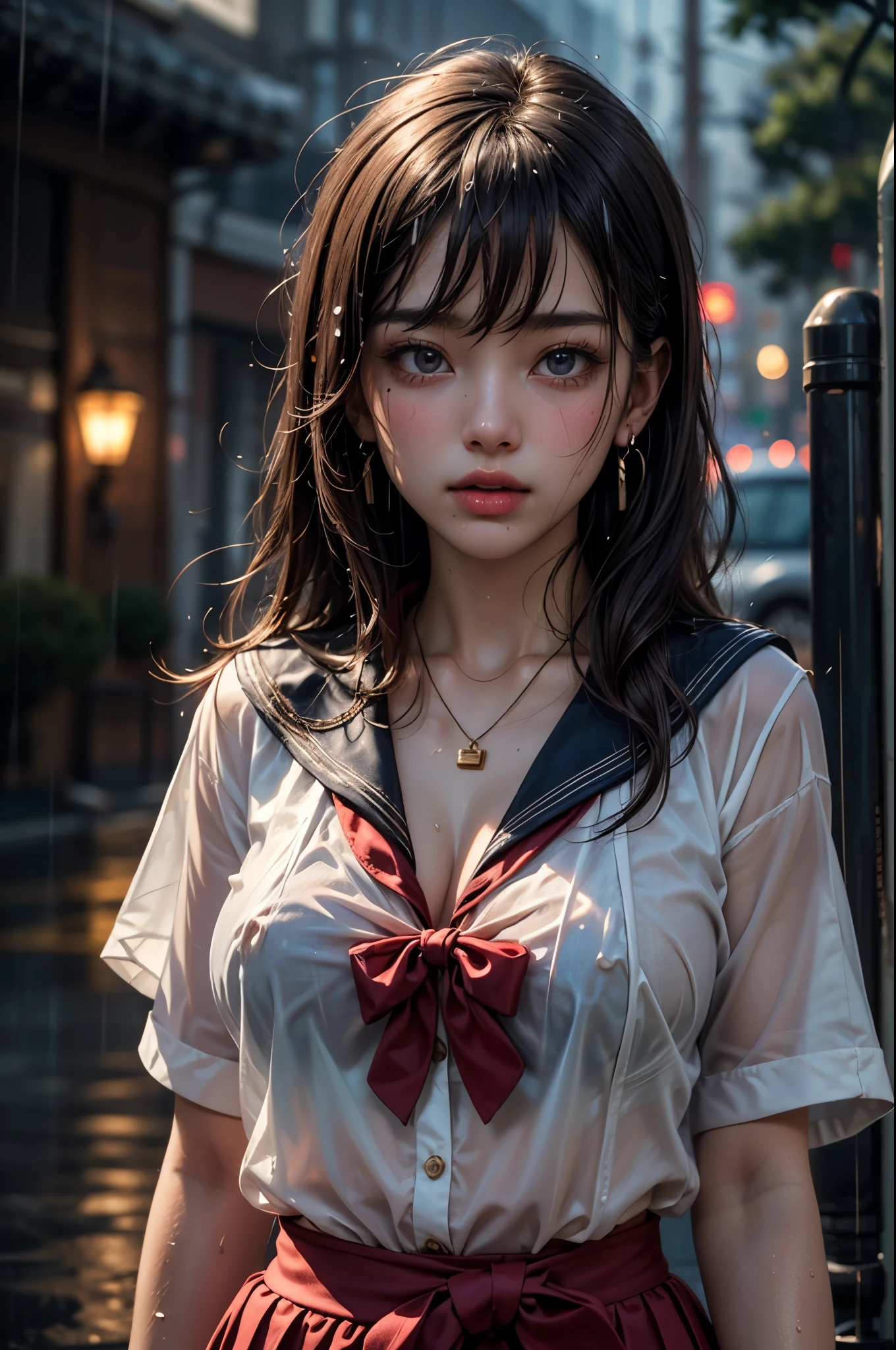 (masterpiece, highest quality:1.2), 8k, official art, RAW photo, incredibly absurd, (upper body, sailor suit, serafuku:1.4), beautiful girl, 18 years old, cute face, arched back, navy pleated skirt, close, soaked, short sleeves, gardenia, viola lace, 10th generation, street, looking at the viewer, film grain, chromatic aberration, sharp focus, face light, dynamic lighting, cinematic lighting, detailed eyes and face, background blur, (one dark red bow tie:1.2), (heavy rain, dark sky:1.5), one girl, blushing, looking at the viewer, big and ample breasts, cleavage, drenched hair, wet face, wet skin, wet body, wet costume, flower, hairpin, necklace, earrings, written border depth, pointed red mouth, red mouth, collarbone, beautiful fingers, loosen the tie, cute Wet face, wet clothes are see-through, full body shot