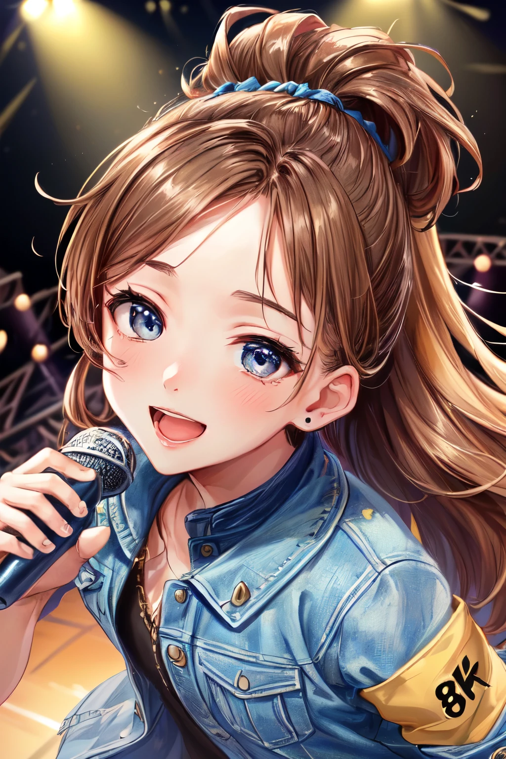 ((Best of the highest quality, 8k, Masterpiece, raw photo: 1.3)), (Great artist style, Alphonse Mucha, Gustav Klimt: 0.72), Sharp focus, (1girl: 1.1), face focus, cute face, (portrait: 1.2), (k-pop idol, dancing on the stage, microphone: 1.28), jacket, from above, (brunette pony tail, forehead: 0.9), small smile,