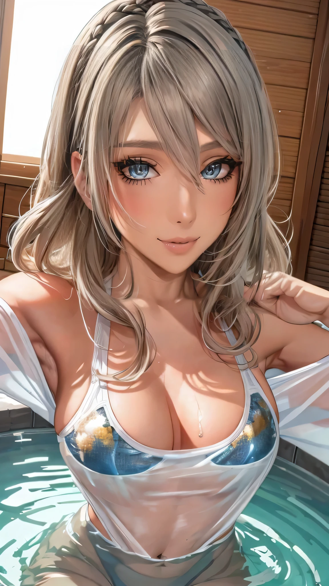SAUNA,sitting,spread legs,(Random Pose),(floating in water),(soaked),(clothed:1.5),baggy t-shirt,(see through),lace swimsuit,(random porn pose),(Thin type:1.5),(large breasts),(random hairstyle:1.2),(Highest image quality, (8K), Ultra-realistic, Best Quality, High quality, High Definition, high quality texture, high detailing, Beautiful detailed, fine detailed, extremely details CG, Detailed texture, realistic representation of face, masterpiece, presence)