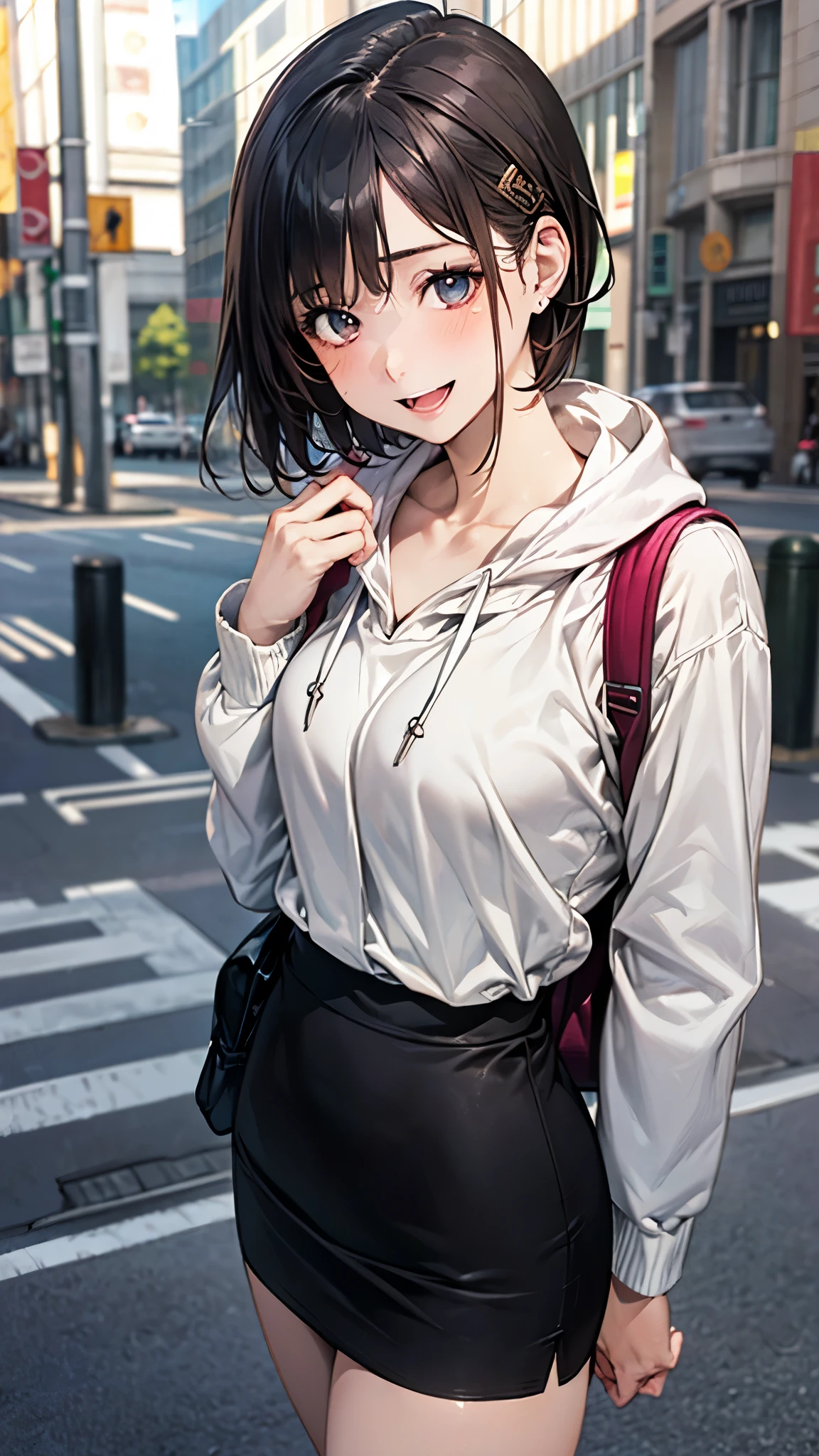 (masterpiece:1.2, top-quality), (realistic, photorealistic:1.4), beautiful illustration, (natural side lighting, movie lighting), depth of fields,
looking at viewer, cowboy shot, (from below), 1 girl, japanese, high school girl, perfect face, cute and symmetrical face, face, round face, shiny skin,
(short hair, straight hair, black hair), bangs hairpin, asymmetrical bangs, pale turquoise eyes,, long eye lasher, (medium breasts), perfect female body,
beautiful hair, beautiful face, beautiful detailed eyes, beautiful clavicle, beautiful body, beautiful chest, beautiful thigh, beautiful legs, beautiful fingers,
(hoodie, pencil skirt, long sleeves, knapsack),
(beautiful scenery), (street, shiny, bright, rim lighting), running, jumping, active pose, dynamic angle, (lovely smile, upper eyes, open mouth),