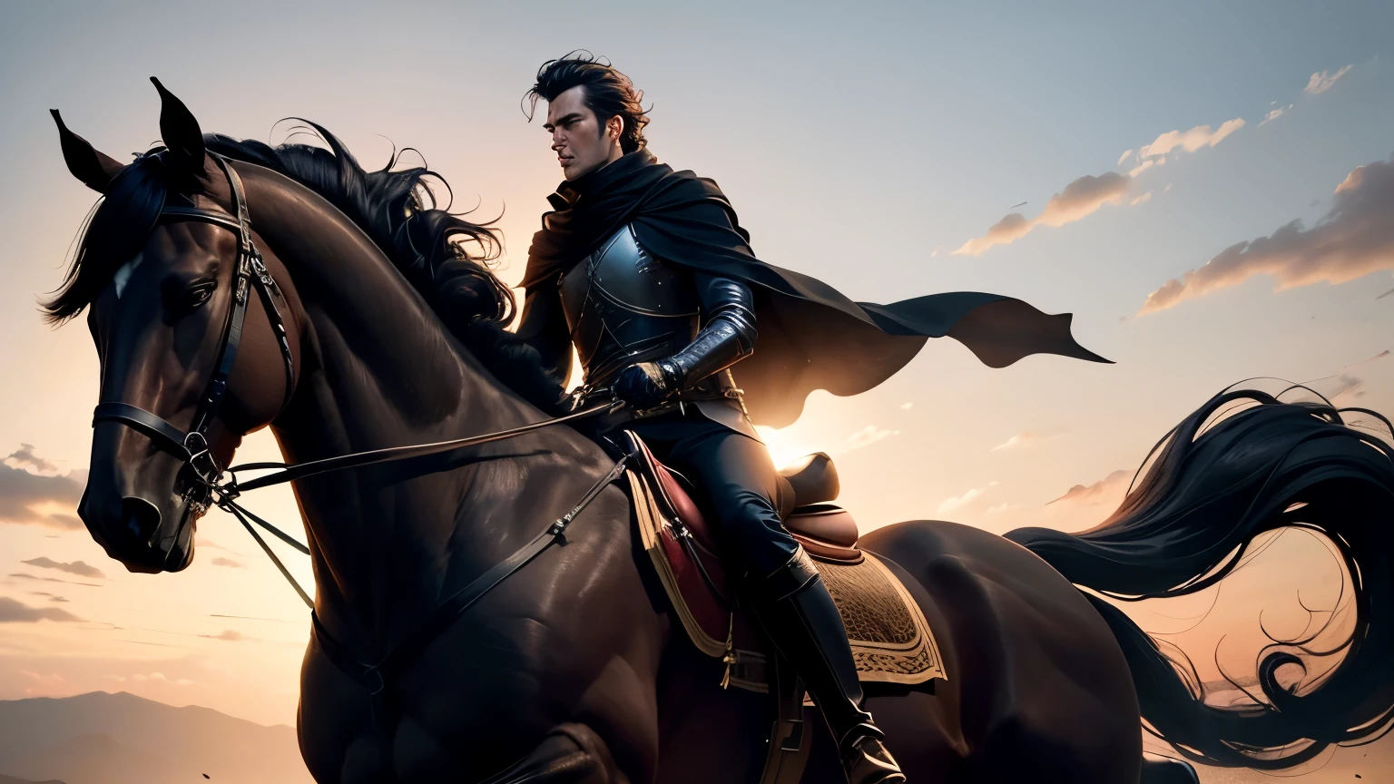 silhouette of a man riding a horse. The silhouette should capture the majesty and dynamism of the scene. The man should be sitting firmly in the saddle, with an upright, confident posture. He may be holding the reins in one hand and perhaps a sword or flag in the other, suggesting a knight or leader. The horse should be in a pose that suggests movement or readiness, such as standing with one leg raised, at a trot or in a rearing position. The details of the horse's mane and tail can be flowing, adding a sense of movement to the image. Use a simple, neutral background, like white or soft gray, to ensure the silhouette is the main focus. The color palette should be minimal, using shades of black for the silhouettes of the man and horse, creating a sharp contrast with the light background. The image must convey a feeling of power, freedom and action, maintaining an artistic and minimalist style.