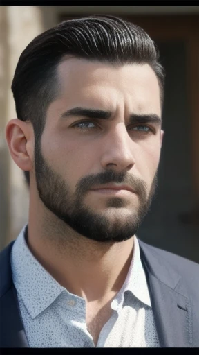 a badass jew man in front of a village focus on the face.