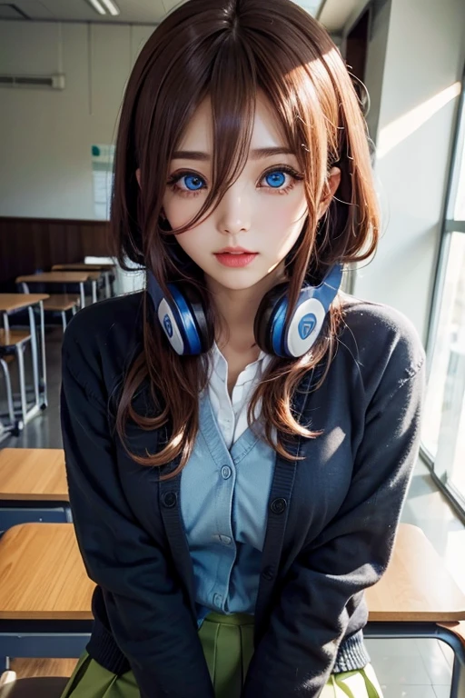 mikunakano, miku nakano, long hair, bangs, blue eyes, brown hair, shirt, hair between eyes, headphones, cardigan, headphones around neck,
BREAK skirt, shirt, long sleeves, white shirt, pantyhose, pleated skirt, black pantyhose, cardigan, green skirt, blue cardigan,
BREAK indoors, classroom,
BREAK looking at viewer, BREAK (masterpiece:1.2), best quality, high resolution, unity 8k wallpaper, (illustration:0.8), (beautiful detailed eyes:1.6), extremely detailed face, perfect lighting, extremely detailed CG, (perfect hands, perfect anatomy),