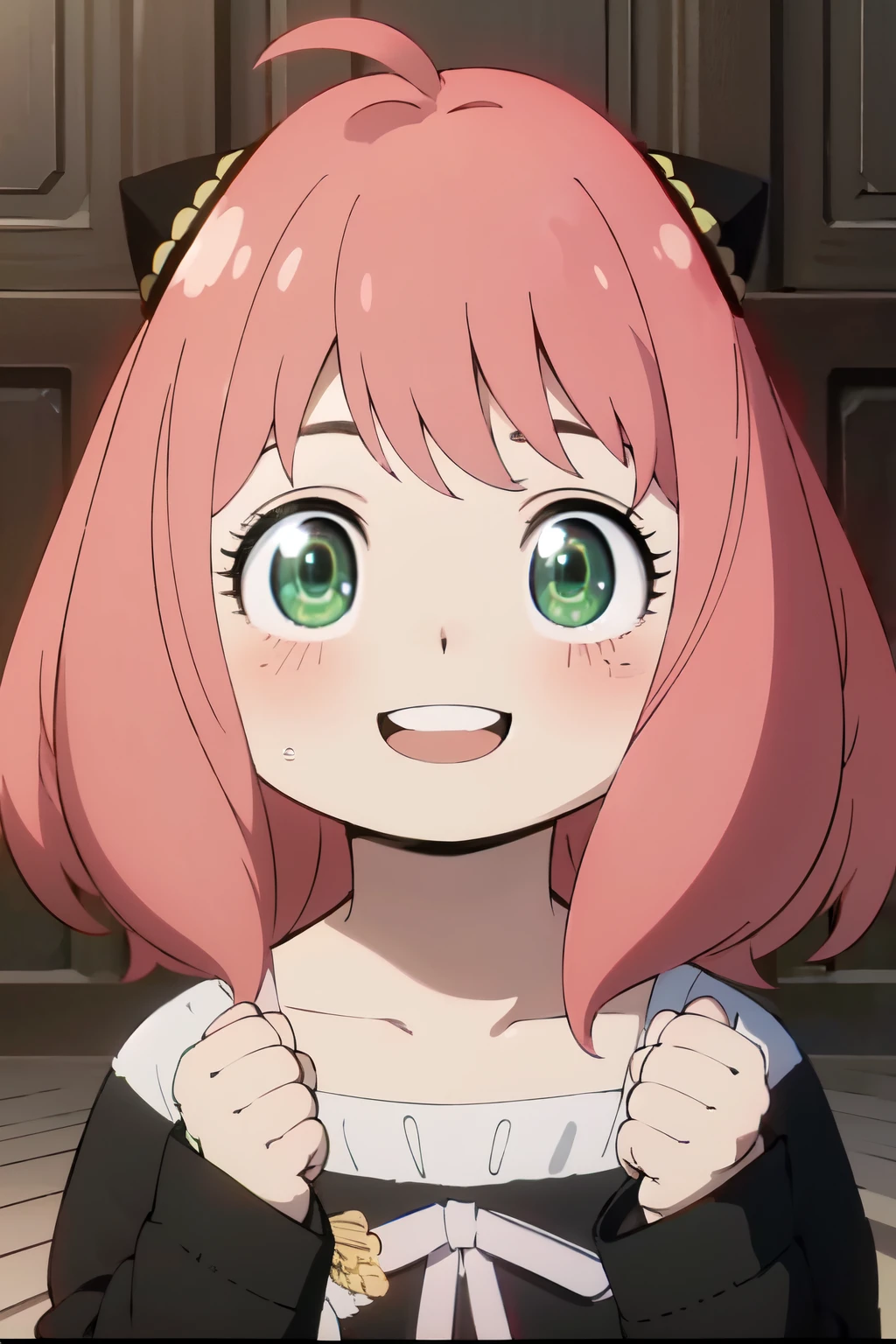 ((best quality)), ((masterpiece)), (detailed), perfect face. Asian girl. Pink hair. Green eyes. Smile.