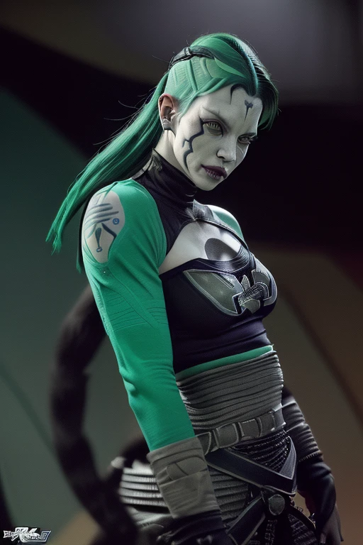 (cocky smile) (tribal tattoos) (green and blue hair) (X-Men Rogue) (Star Trek Jadzia Dax) (2000 Ninja Turtles April) (Greek mythology Athena) (pirate woman) (Star Wars zabrak) (Star Trek trill) (pale skin) (face tattoos) (zabrac face tattoos)