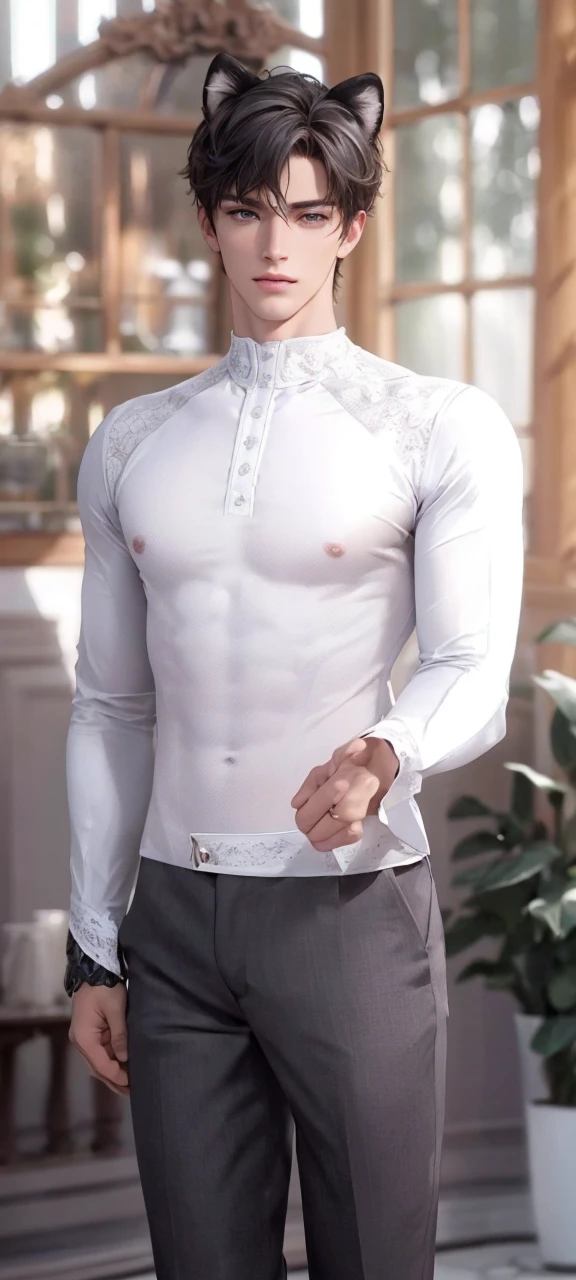 4k, high resolution, best quality, masterpiece, perfect color, perfect shade, perfect lighting, Posted by e621, ((portrait)), ((handsome man)), perfect male figure, Short hair details,Naked torso,Detailed face, perfect face, (stood up), Detailed background, ((Bonifasco Lighting)), (delicate eyes),(animal ears),white hair,((forest)),emaciated