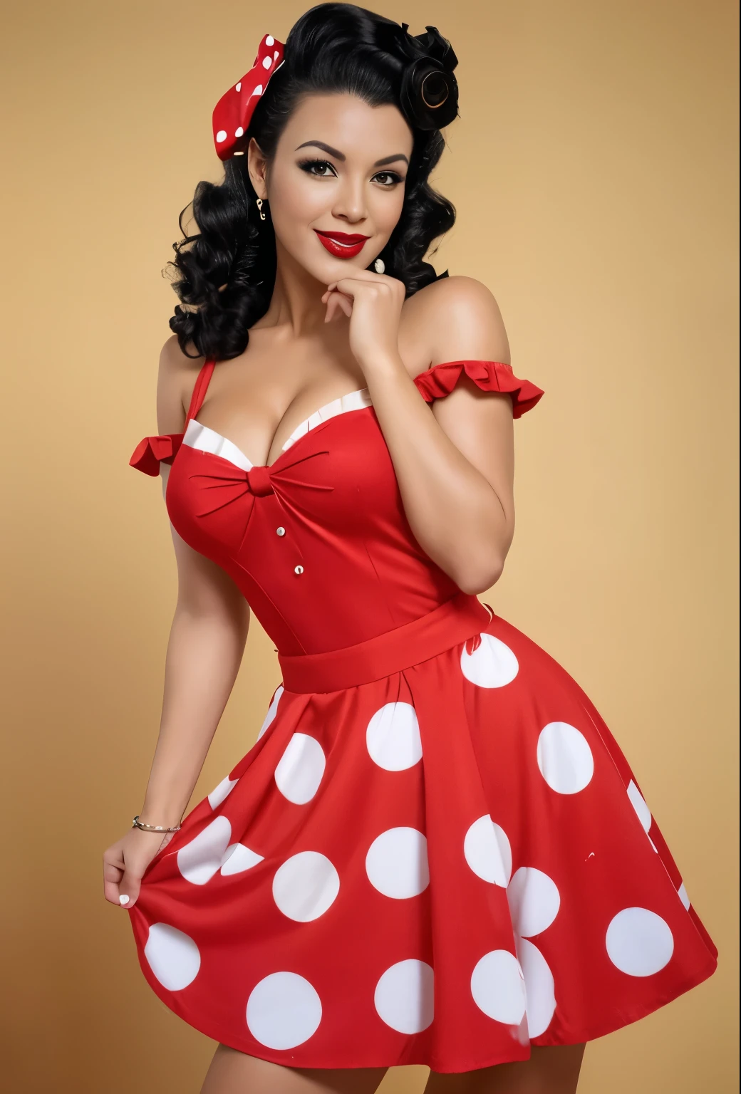 Full length photo of a girl, realistically depicting a 35-year-old mulatto woman with sexy Brazilian fine curls Lucy Ramos and emotional. She has dark curly hair, creating a mysterious and sexy image. Model dressed in pin-up style with curly hair styled "victory rolls" dark hair and curly bangs. Her plump red lips make her look sexy. She has average breast size. She portrays an American housewife, posing in various sexual positions. Against a white background, she appears in a red retro dress with large polka dots with a fluffy, voluminous ballerina skirt. She has a red bandana on her head, and on her feet there are red stockings. The photo is made in pin-up style, emphasizing the retro-USA vibe. Her sexy look, she looks at me, and blows a kiss, give the photo a special charm. she is surprised, she is flirting, her mouth is open, she is laughing without makeup, her mouth is open, she is laughing, she is having fun and dancing