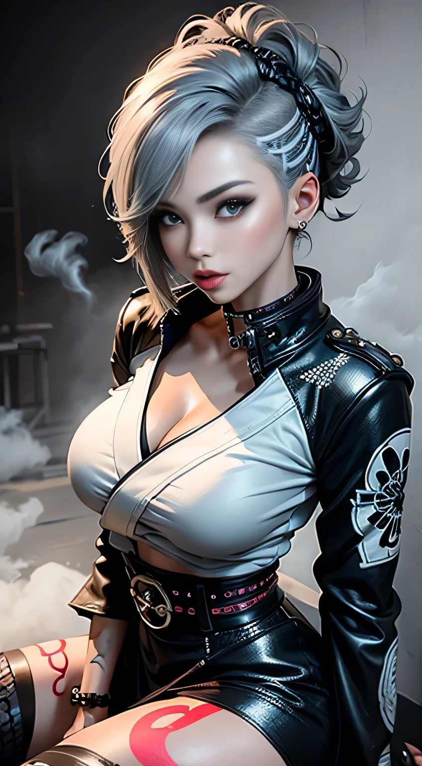 sfw, (Realistic:1.3), (official art), (gorgeous, elegant, luxury), (beautiful still life painting art), ultra detailed, beautiful, masterpiece, best quality, _ BREAK (1girl:1.2), 22 years old, 160 cm, Japanese cute model, Tightened all body, medium Breasts, small head, small face, diamond Face, small nose, Sharp Faceline, young hands and fingers, beautiful hands and fingers, five fingers, _ BREAK (Glossy Lips:1.3), (Light color lips, Half open mouth, beautiful Teeth:1.2), (dropy eyes, Double eyelid, Blue eyes:1.), _ BREAK (punk arranged hairstyle:1.3),(hairstyle with complicated decorations:1.3), (gray hair:1.3), _ BREAK (White and black theme:1.3), (futuristic white background), (blurry background, Fog, mist:1.7), _ BREAK (wide angle:1.7), random pose, _ BREAK(White and black theme:1.4), (Geometric pattern print:1.4),(fusion of traditional High collar kimono and punk elements:1.4), (black leather jacket with white silk kimono:1.2), (silver studded details on kimono:1.2), (punk-inspired accessories, black Leather thigh belt:1.4), _ BREAK (punk-style boots:1.2), _ BREAK (Cityscape background:1.2), (White and black graffiti-covered walls:1.4), _ BREAK (Confident sitting pose:1.2),、 wearing bra,((skinny waist)), young asian girl, ((big breasted)),