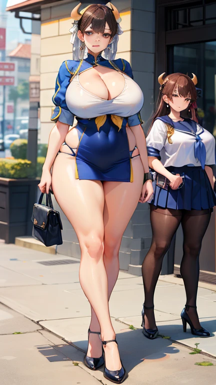 Large Breasts,((Cleavage)) Big buttocks, full-body shot, Mature mom, Plump thighs, a cow, Tempting Adult, Perfect body, Plus-size models, Sailor Suit, wear high heel shoes,mini skirt , Chunli,