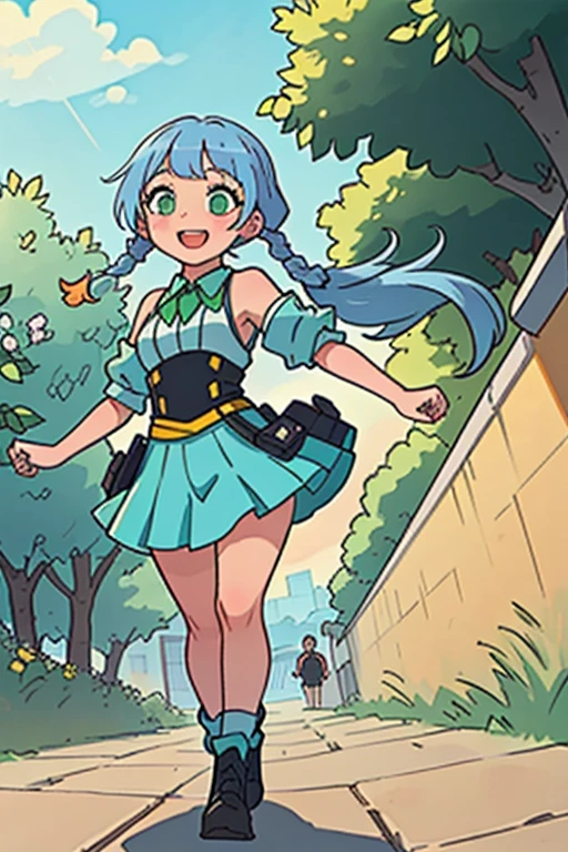 spread_arms,jumping,smile,open_mouth,((beautiful_light_blue_hair,braid_pigtails)),((beautiful_light_green_eyes)),((1_beautiful_girl,cute_face)),((beautiful,perfect_quality,perfect_anatomy,masterpiece)),short_blue skirts,orange police_costume,masterpiece,SEXY,perfect_quality,perfect_anatomy,holster,lemon trees,beautiful, view from below, full body,