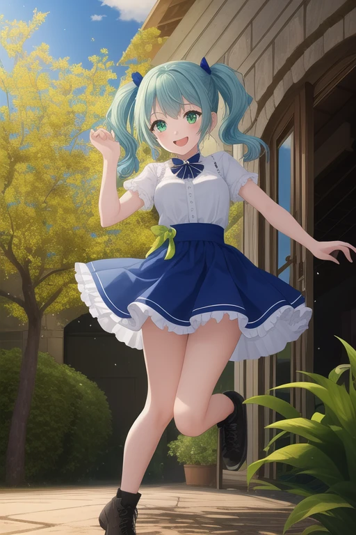 spread_arms,jumping,smile,open_mouth,((beautiful_light_blue_hair,braid_pigtails)),((beautiful_light_green_eyes)),((1_beautiful_girl,cute_face)),((beautiful,perfect_quality,perfect_anatomy,masterpiece)),short_blue skirts,orange police_costume,masterpiece,SEXY,perfect_quality,perfect_anatomy,holster,lemon trees,beautiful, view from below, full body,