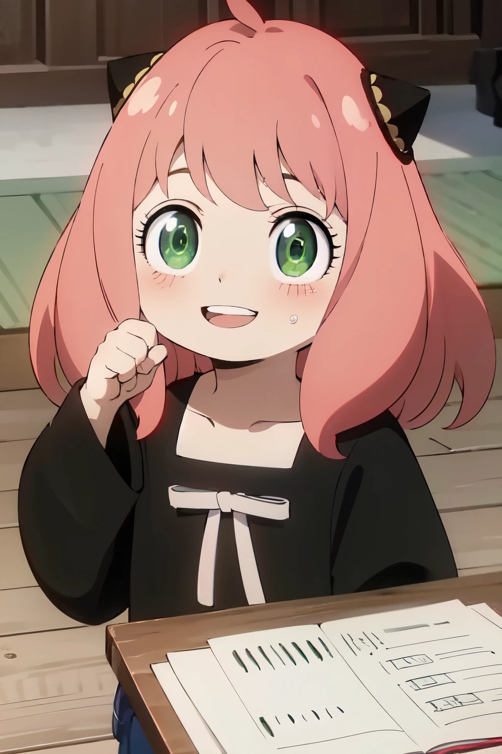 ((best quality)), ((masterpiece)), (detailed), perfect face. Asian girl. Pink hair. Green eyes. Smile.