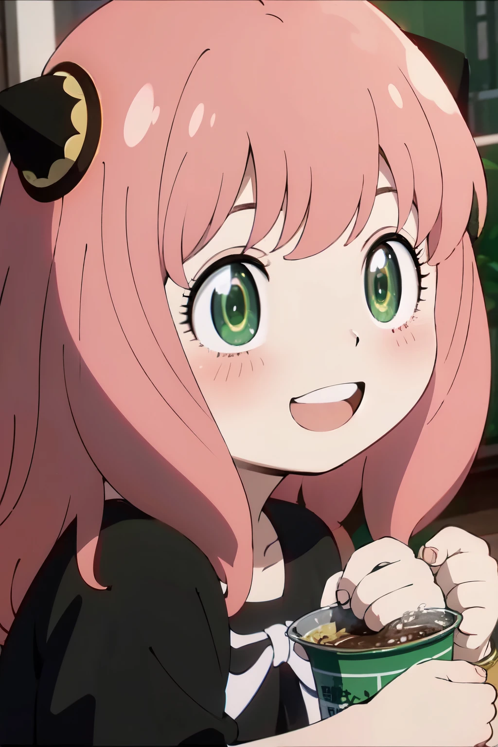 ((best quality)), ((masterpiece)), (detailed), perfect face. Asian girl. Pink hair. Green eyes. Smile.