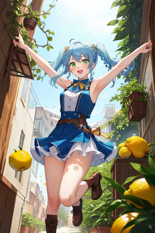 spread_arms,jumping,smile,open_mouth,((beautiful_light_blue_hair,braid_pigtails)),((beautiful_light_green_eyes)),((1_beautiful_girl,cute_face)),((beautiful,perfect_quality,perfect_anatomy,masterpiece)),short_blue skirts,orange police_costume,masterpiece,SEXY,perfect_quality,perfect_anatomy,holster,lemon trees,beautiful, view from below, full body,