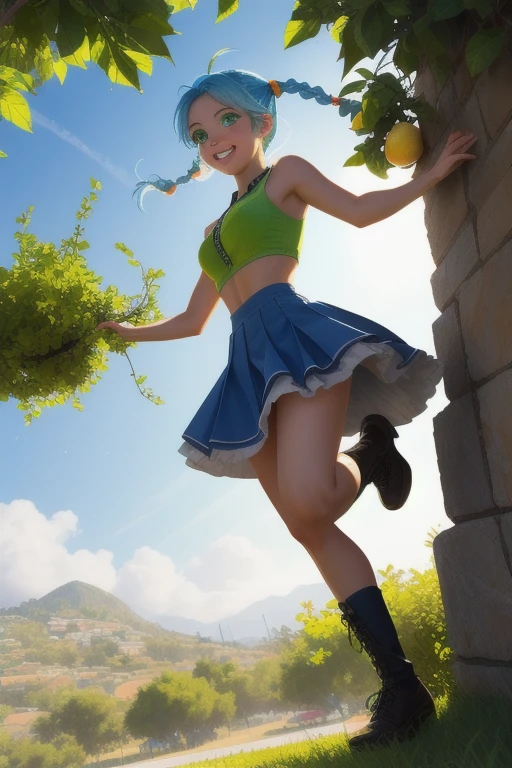 spread_arms,jumping,smile,open_mouth,((beautiful_light_blue_hair,braid_pigtails)),((beautiful_light_green_eyes)),((1_beautiful_girl,cute_face)),((beautiful,perfect_quality,perfect_anatomy,masterpiece)),short_blue skirts,orange police_costume,masterpiece,SEXY,perfect_quality,perfect_anatomy,holster,lemon trees,beautiful, view from below, full body, 