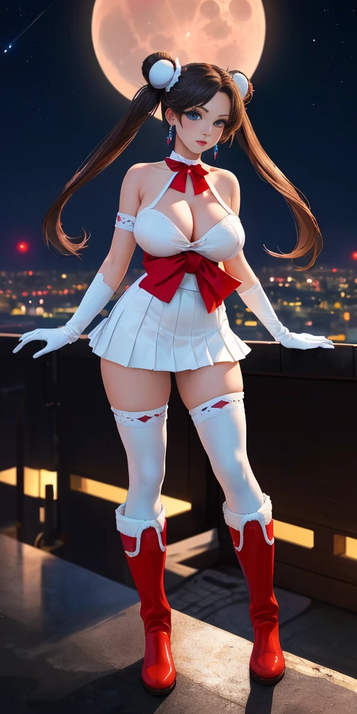 (masterpiece, best quality, ultra detailed, absurdness)1.5, 1girl, (sexy, beautiful woman, perfect face, perfect eyes, perfect female body, huge breasts)1.5, (usagi, double bun, twin tails, parted bangs, circlet, jewelry, earrings, choker, red bow, white gloves, elbow gloves, blue skirt, red boots with white trim, ), (standing on a rooftop, Japanese city in background, night sky, moonlit), perfect lighting, smooth, hud, fiona frost