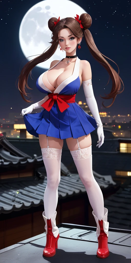 (masterpiece, best quality, ultra detailed, absurdness)1.5, 1girl, (sexy, beautiful woman, perfect face, perfect eyes, perfect female body, huge breasts)1.5, (usagi, double bun, twin tails, parted bangs, circlet, jewelry, earrings, choker, red bow, white gloves, elbow gloves, blue skirt, red boots with white trim, ), (standing on a rooftop, Japanese city in background, night sky, moonlit), perfect lighting, smooth, hud, fiona frost