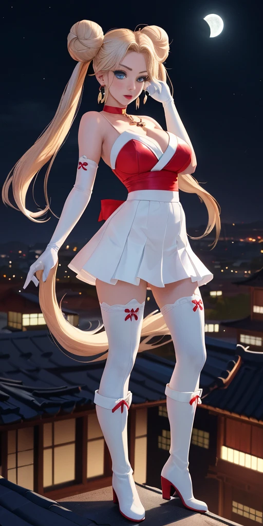 (masterpiece, best quality, ultra detailed, absurdness)1.5, 1girl, (sexy, beautiful woman, perfect face, perfect eyes, perfect female body, huge breasts)1.5, (usagi, double bun, twin tails, parted bangs, circlet, jewelry, earrings, choker, red bow, white gloves, elbow gloves, blue skirt, red boots with white trim, ), (standing on a rooftop, Japanese city in background, night sky, moonlit), perfect lighting, smooth, hud, fiona frost