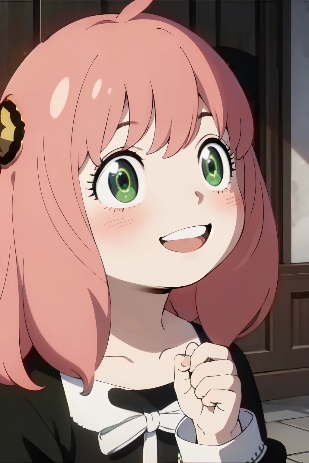 ((best quality)), ((masterpiece)), (detailed), perfect face. Asian girl. Pink hair. Green eyes. Smile.