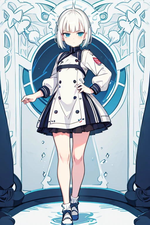 white hair, short hair, side ponytail, blunt bangs, annoyed, tired, high quality, best quality, fullbody