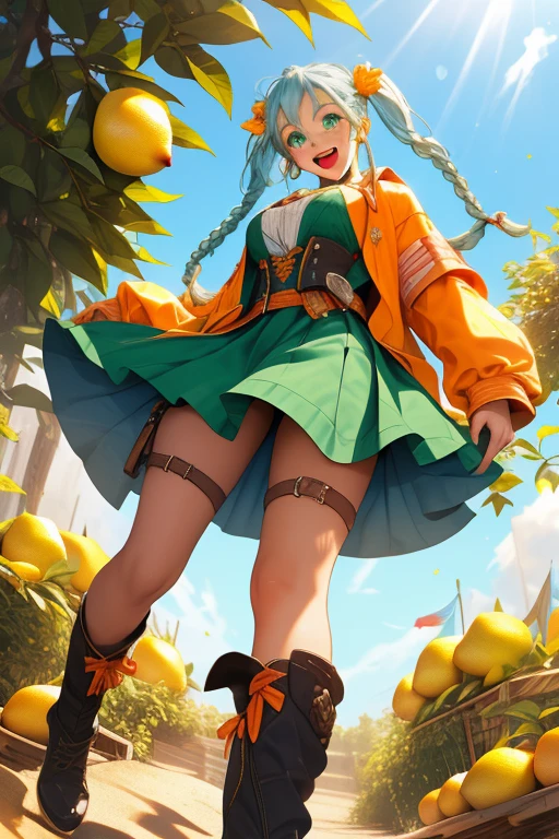 spread_arms,jumping,smile,open_mouth,((beautiful_light_blue_hair,braid_pigtails)),((beautiful_light_green_eyes)),((1_beautiful_girl,cute_face)),((beautiful,perfect_quality,perfect_anatomy,masterpiece)),short_blue skirts,orange police_costume,masterpiece,SEXY,perfect_quality,perfect_anatomy,holster,lemon trees,beautiful, view from below, full body,