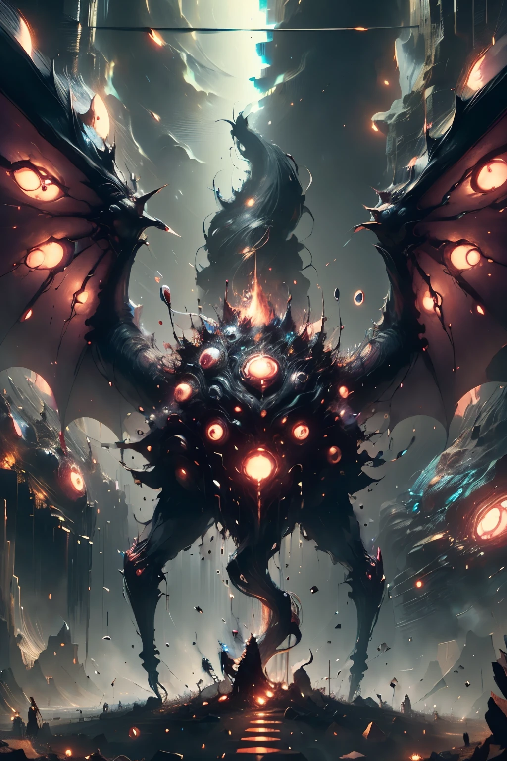 ((Best quality)), ((masterpiece)), ((realistic cartoon)):Nightmare,Evil,Gigantic,EPIC,giant wings, Huge epic monster, scary,souls fleeting, Evil. The scene is set in a thematically rich environment. The lighting, crafted with a cinematic touch, emphasizing aura surrounding the epic monster. Every element of this masterpiece is carefully designed to create a sense of realism and immersion. The intricacies of the genius clothes, the mesmerizing effects of his evil power, and the level of detail in his greedy face all contribute to a captivating visual experience. This artwork is presented in stunning UHD resolution, allowing you to appreciate every nuance and intricacy in breathtaking detail. view from below,fisheye, scenic, masterpiece,mtg art,magic the gathering art.