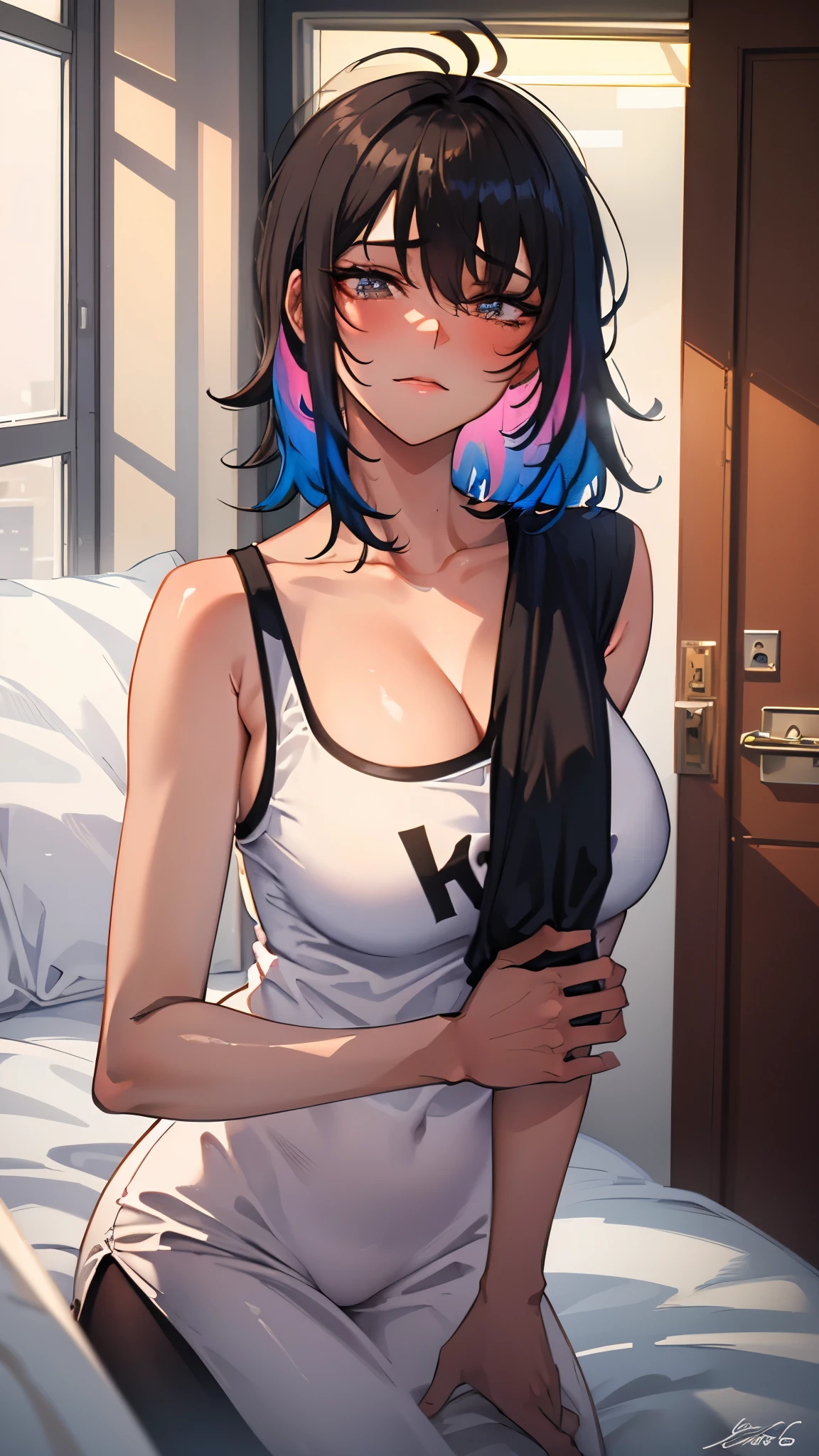 (Wallpaper,8k), (masterpiece, beautiful lighting, vibrant, best Quality), 1 woman, solo, short black hair, Messy hair , tank top, indoor, night