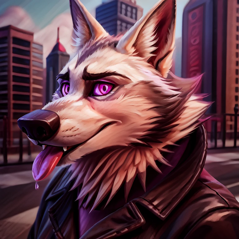 Vortex hellhound, wolf, furry, helluva boss, wearing a (leather jacket), solo, wolf, white fur, tongue out, hypnotized with completely spyral glowing purple eyes with no irises or pupils, BREAK, city background, (intricate, high detail, film photography, soft focus, RAW candid cinema, photorealism, realistic, photorealistic, analog style, subsurface scattering, masterpiece, best quality, ultra realistic, 8k), profile picture, full body image