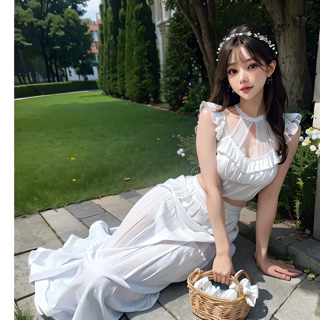 (best quality, masterpiece, ultra detailed, ultra high res, photorealistic, raw photo, absurdres, absolutely resolution:1.0), white frills chiffon sleeveless tops, white tulle maxi skirt dress,
mermaid line, wicker basket bag, (outward curled hair), full body,