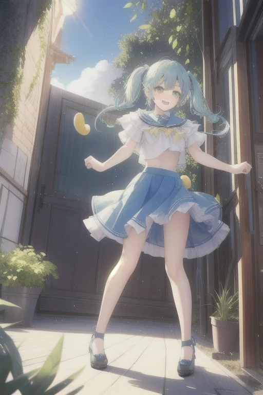 spread_arms,jumping,smile,open_mouth,((beautiful_light_blue_hair,braid_pigtails)),((beautiful_light_green_eyes)),((1_beautiful_girl,cute_face)),((beautiful,perfect_quality,perfect_anatomy,masterpiece)),short_blue skirts,orange police_costume,masterpiece,SEXY,perfect_quality,perfect_anatomy,holster,lemon trees,beautiful, view from below, full body,