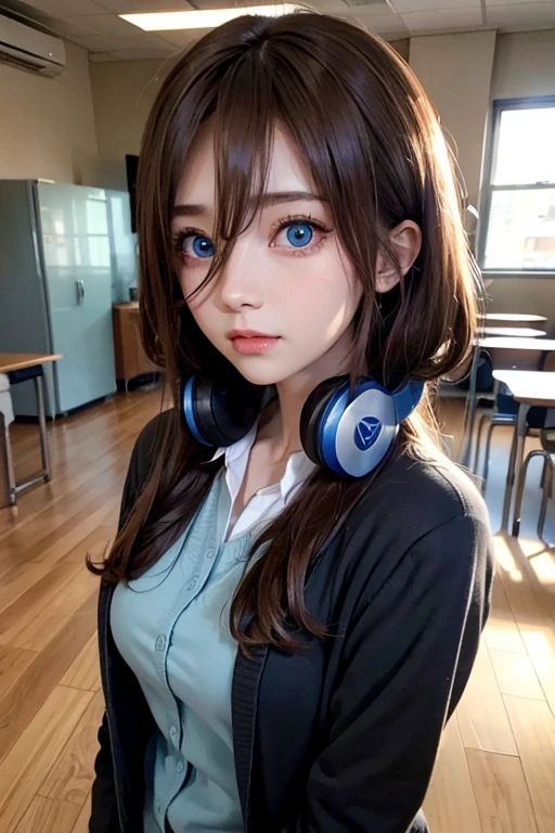 mikunakano, miku nakano, long hair, bangs, blue eyes, brown hair, shirt, hair between eyes, headphones, cardigan, headphones around neck,
BREAK skirt, shirt, long sleeves, white shirt, pantyhose, pleated skirt, black pantyhose, cardigan, green skirt, blue cardigan,
BREAK indoors, classroom,
BREAK looking at viewer, BREAK (masterpiece:1.2), best quality, high resolution, unity 8k wallpaper, (illustration:0.8), (beautiful detailed eyes:1.6), extremely detailed face, perfect lighting, extremely detailed CG, (perfect hands, perfect anatomy),