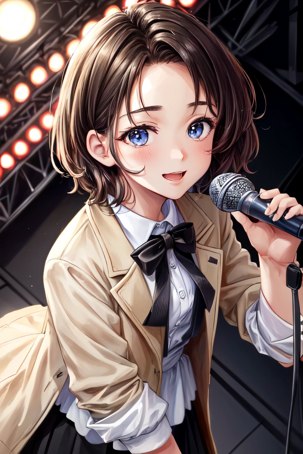 ((Best of the highest quality, 8k, Masterpiece, raw photo: 1.3)), (Great artist style, Alphonse Mucha, Gustav Klimt: 0.72), Sharp focus, (1girl: 1.1), face focus, cute face, portrait, (k-pop idol, on the stage, microphone: 1.1), jacket, skirt, from above, (brunette short hair, forehead: 0.9), small smile,