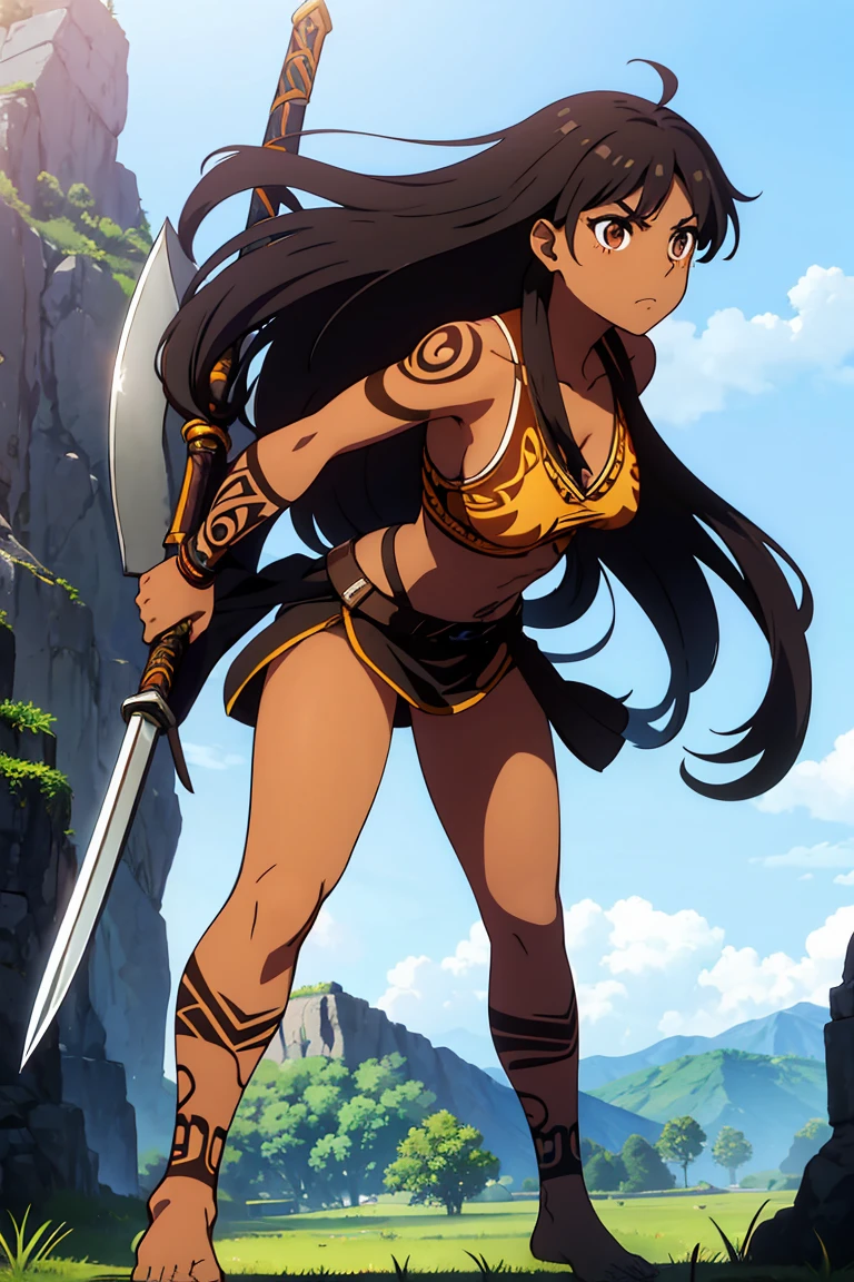 Amazon female warrior, long black hair,dark skin tone, brown eyes, tribal out fiit, holding warrior axe, tattoos, whole body, barefoot