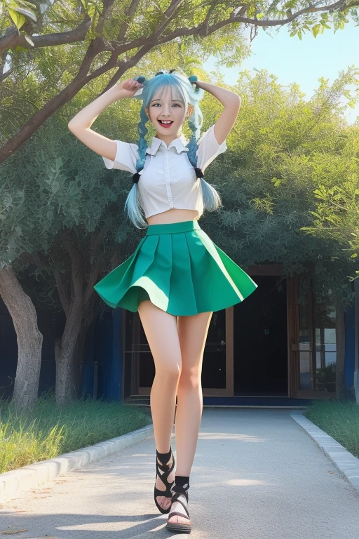 spread_arms,jumping,smile,open_mouth,((beautiful_light_blue_hair,braid_pigtails)),((beautiful_light_green_eyes)),((1_beautiful_girl,cute_face)),((beautiful,perfect_quality,perfect_anatomy,masterpiece)),short_blue skirts,orange police_costume,masterpiece,SEXY,perfect_quality,perfect_anatomy,holster,lemon trees,beautiful, view from below, full body,
