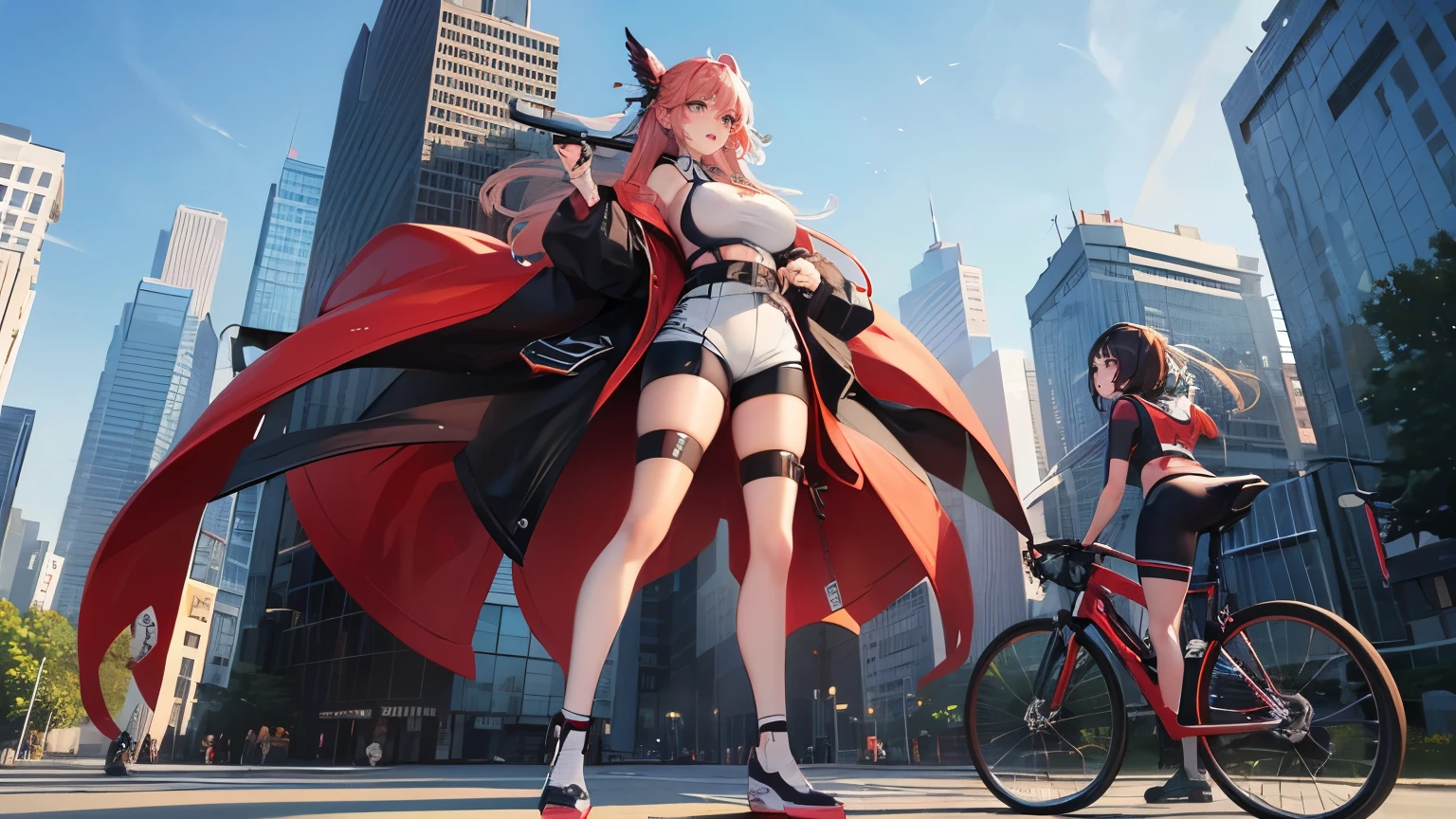 (Very delicate and beautiful:1.2)super model,,Big Breasts,Beautiful breasts,voluptuous,【bike shorts】,,【3girls】,,highest quality, High resolution, 8K,Giant Girl,A girl as big as a building,Girl looking up from below,Burning cityscape,