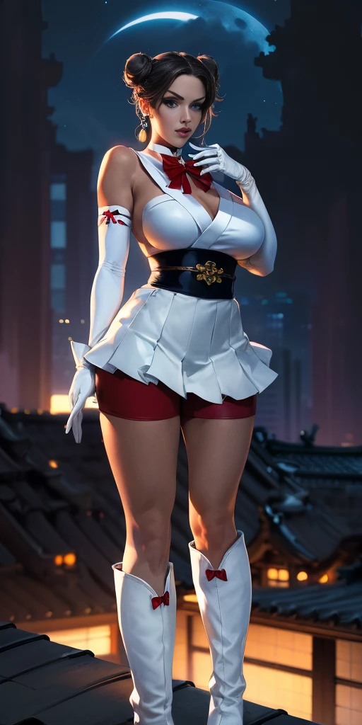 (masterpiece, best quality, ultra detailed, absurdness)1.5, 1girl, (sexy, beautiful woman, perfect face, perfect eyes, perfect female body, huge breasts)1.5, (usagi, double bun, twin tails, parted bangs, circlet, jewelry, earrings, choker, red bow, white gloves, elbow gloves, blue skirt, red boots with white trim, ), (standing on a rooftop, Japanese city in background, night sky, moonlit), perfect lighting, smooth, hud, fiona frost