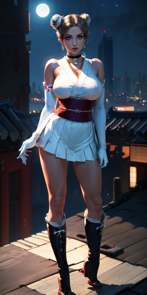 (masterpiece, best quality, ultra detailed, absurdness)1.5, 1girl, (sexy, beautiful woman, perfect face, perfect eyes, perfect female body, huge breasts)1.5, (usagi, double bun, twin tails, parted bangs, circlet, jewelry, earrings, choker, red bow, white gloves, elbow gloves, blue skirt, red boots with white trim, ), (standing on a rooftop, Japanese city in background, night sky, moonlit), perfect lighting, smooth, hud, fiona frost