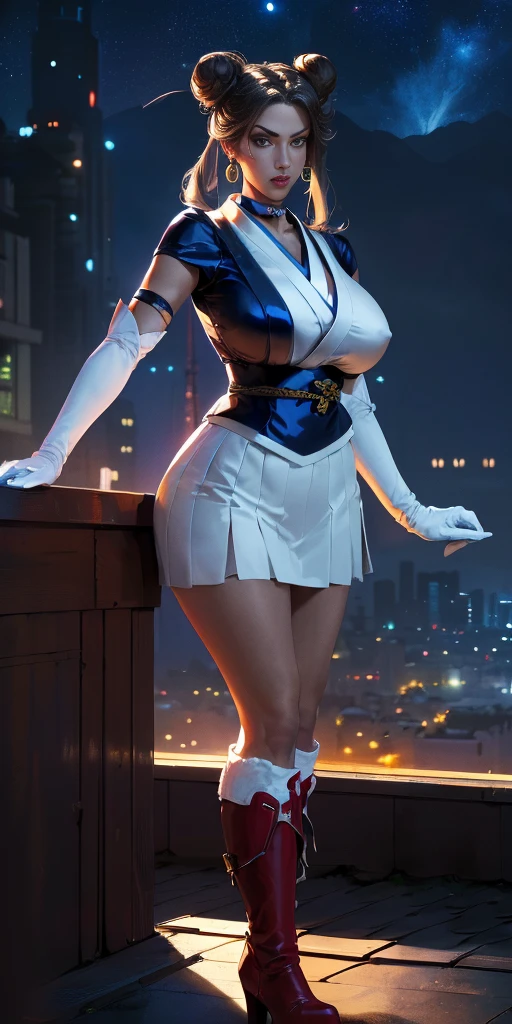 (masterpiece, best quality, ultra detailed, absurdness)1.5, 1girl, (sexy, beautiful woman, perfect face, perfect eyes, perfect female body, huge breasts)1.5, (usagi, double bun, twin tails, parted bangs, circlet, jewelry, earrings, choker, red bow, white gloves, elbow gloves, blue skirt, red boots with white trim, ), (standing on a rooftop, Japanese city in background, night sky, moonlit), perfect lighting, smooth, hud, fiona frost