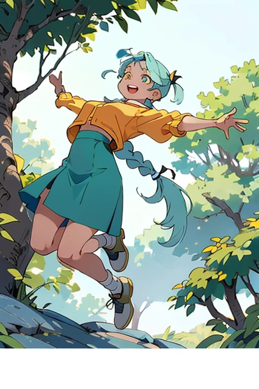 spread_arms,jumping,smile,open_mouth,((beautiful_light_blue_hair,braid_pigtails)),((beautiful_light_green_eyes)),((1_beautiful_girl,cute_face)),((beautiful,perfect_quality,perfect_anatomy,masterpiece)),short_blue skirts,orange police_costume,masterpiece,SEXY,perfect_quality,perfect_anatomy,holster,lemon trees,beautiful, view from below, full body, 