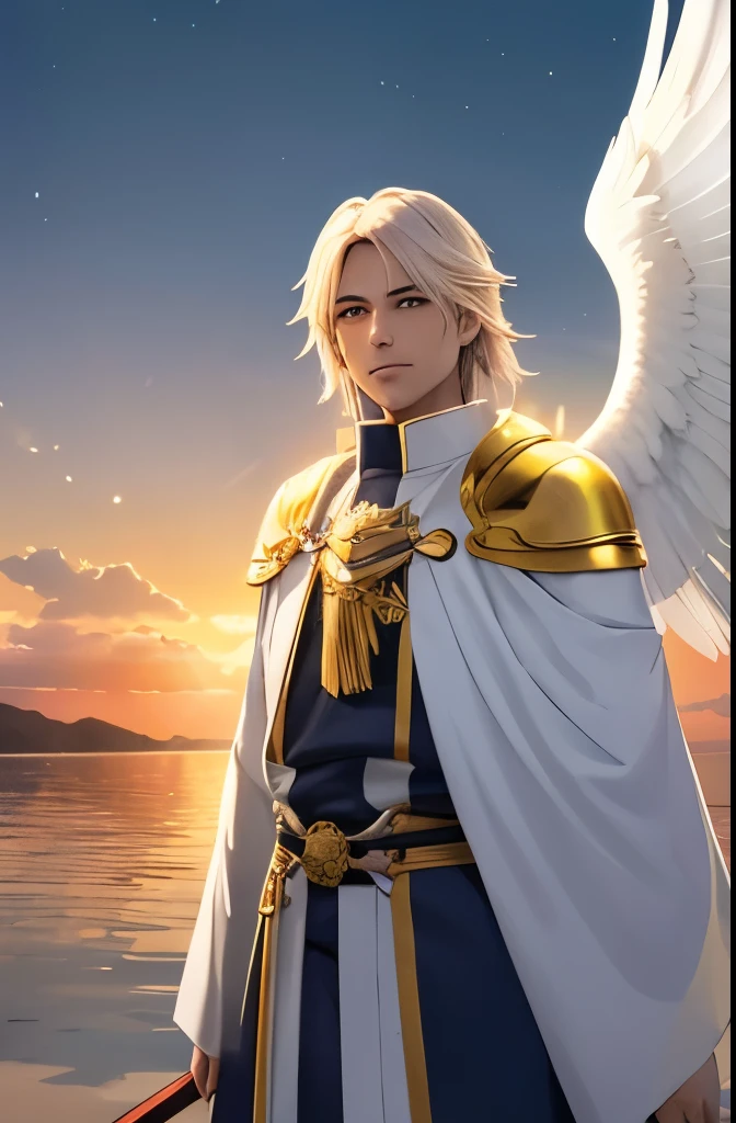 Imagine a male swordsman angel at the height of his heavenly glory. Ele flutua graciosamente no ar, suas enormes asas brancas abertas, radiating a soft, ethereal light. Ele esta com roupas leves. In your right hand, ele segura uma espada longa e brilhante, whose blade is made of pure celestial light, cintilando com uma intensidade quase ofuscante.His face expresses determination, serenidade e felicidade, olhos brilhando em um dourado e penetrante. The surrounding scenery is a twilight sky, with white clouds reflecting the sunset. Raios de luz divina atravessam as nuvens.