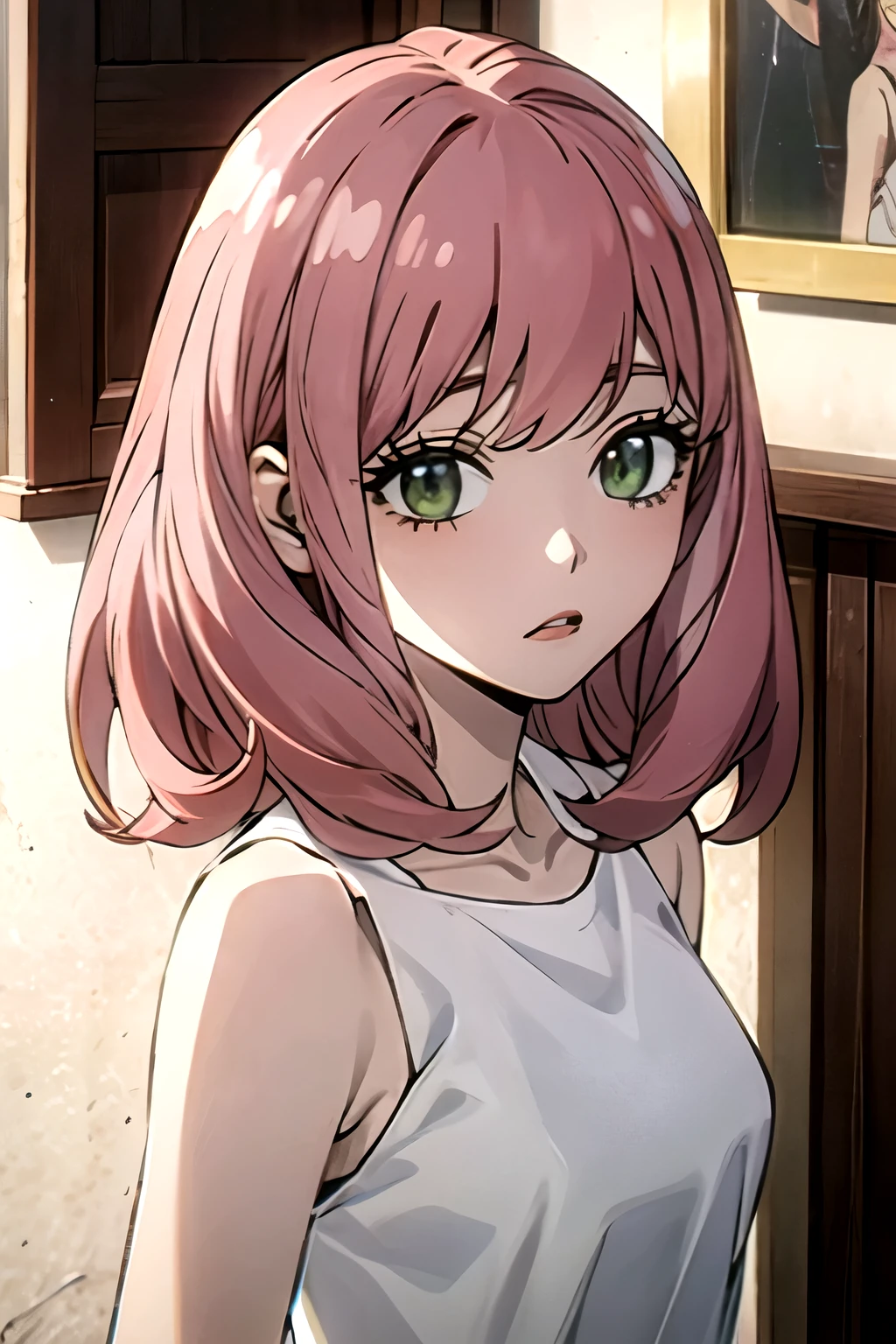 ((best quality)), ((masterpiece)), (detailed), perfect face. Asian girl. Pink hair. Green eyes. Topless. Small breast.