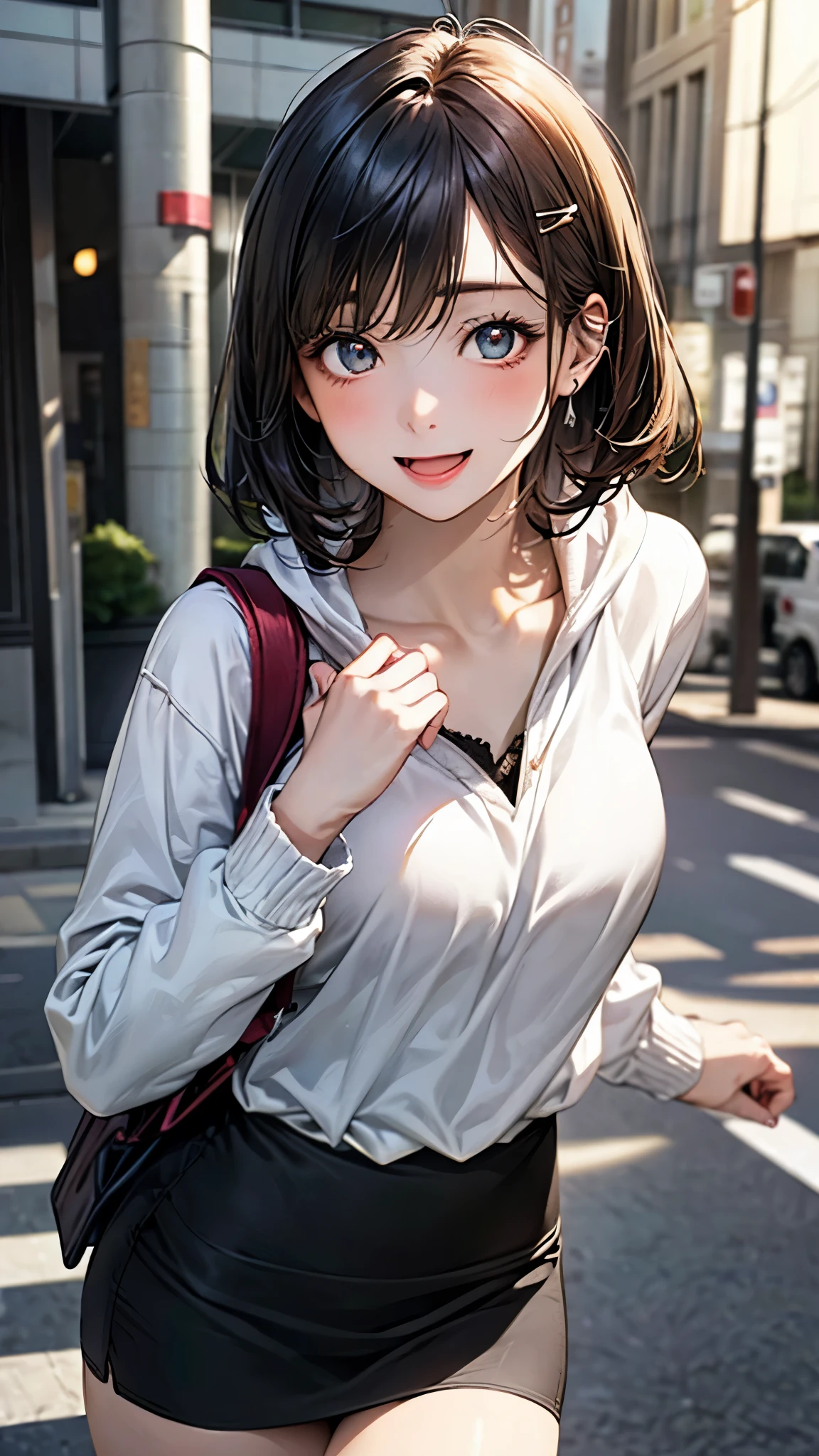 (masterpiece:1.2, top-quality), (realistic, photorealistic:1.4), beautiful illustration, (natural side lighting, movie lighting), depth of fields, 
looking at viewer, cowboy shot, (from below), 1 girl, japanese, high school girl, perfect face, cute and symmetrical face, babyface, round face, shiny skin, 
(short hair, straight hair, black hair), bangs hairpin, asymmetrical bangs, pale turquoise eyes,, long eye lasher, (medium breasts), perfect female body, 
beautiful hair, beautiful face, beautiful detailed eyes, beautiful clavicle, beautiful body, beautiful chest, beautiful thigh, beautiful legs, beautiful fingers, 
(hoodie, pencil skirt, long sleeves, knapsack), 
(beautiful scenery), (street, shiny, bright, rim lighting), (running, jumping, active pose, dynamic angle), (lovely smile, upper eyes, open mouth), 