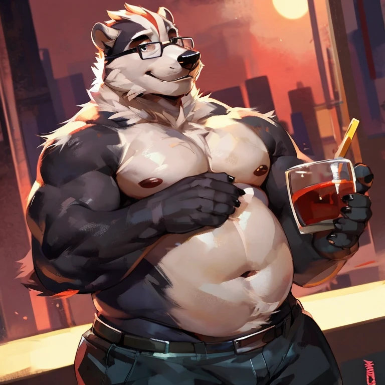 Badger, Glasses, Half-chubby and muscular,  shirtless, By mystikfox61