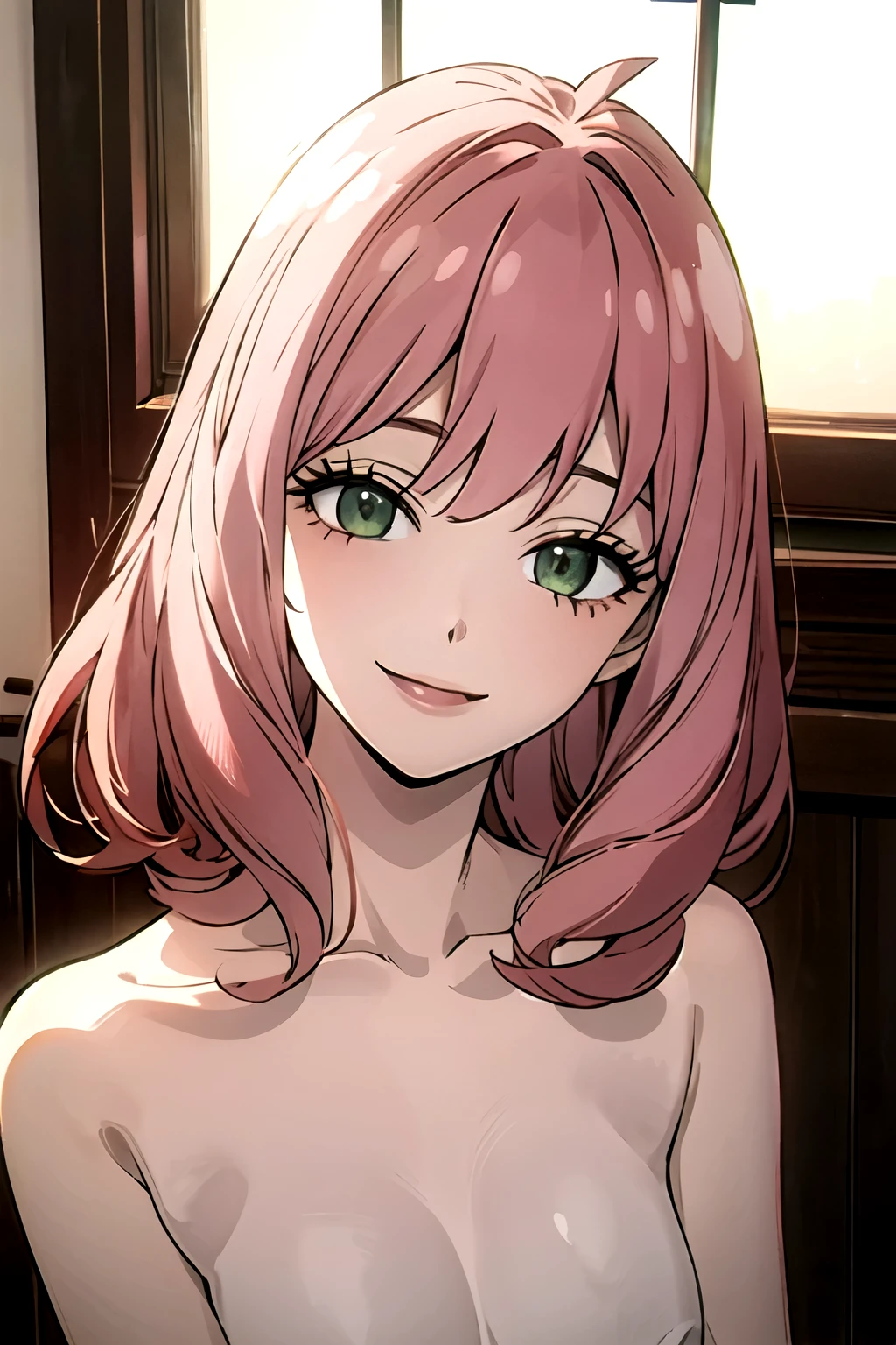 ((best quality)), ((masterpiece)), (detailed), perfect face. Asian girl. Pink hair. Green eyes. Topless. Small breast. Smile.