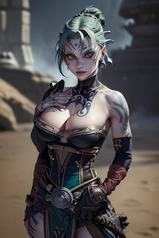 Emilie de Ravin: Pirates of the Caribbean: corset: cleavage: teardrop boob: cocky smile; (tribal tattoos; (green and blue hair) (X-Men Rogue) (Star Trek Jadzia Dax) (2000 Ninja Turtles April) (Greek mythology Athena) (pirate woman) (Star Wars zabrak) (Star Trek trill) (pale skin) (face tattoos) (zabrac face tattoos)