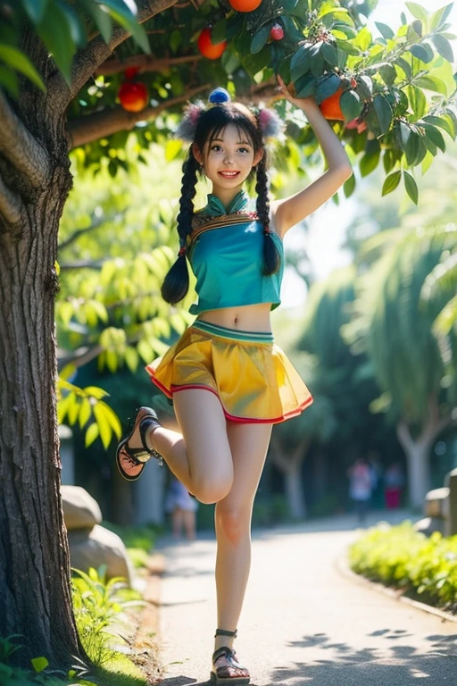 spread_arms,jumping,smile,open_mouth,((beautiful_light_blue_hair,braid_pigtails)),((beautiful_light_green_eyes)),((1_beautiful_girl,cute_face)),((beautiful,perfect_quality,perfect_anatomy,masterpiece)),short_blue skirts,orange police_costume,masterpiece,SEXY,perfect_quality,perfect_anatomy,holster,lemon trees,beautiful, view from below, full body,